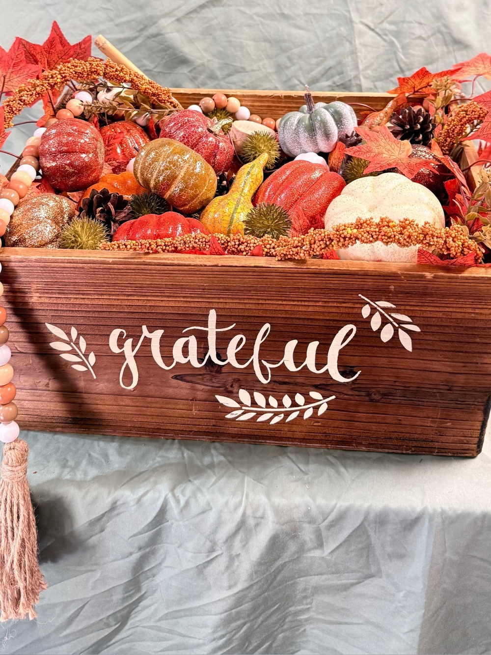 Grateful Wood Box Fall Pumpkin Centerpiece - Multicolor